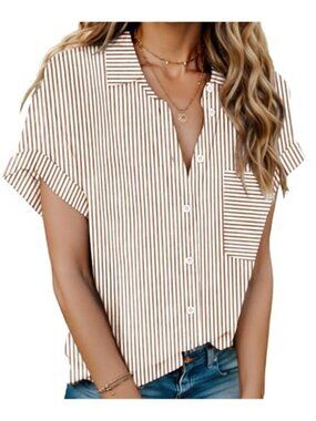 Striped Brown Cotton Linen Button Down Shirt Short Sleeve Beach Vacation Top